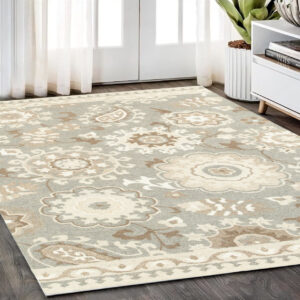 5' X 8' Gray And Sand Wool Floral Hand Tufted Area Rug