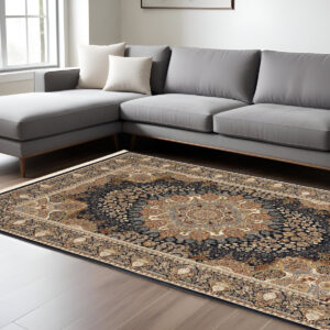 7' X 10' Navy Blue Tan And Black Medallion Area Rug With Fringe