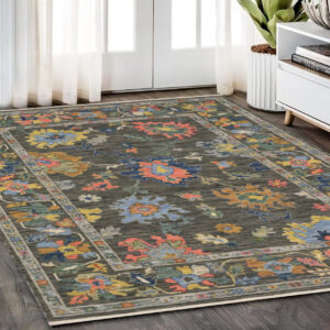 5' X 8' Gray Blue And Yellow Oriental Area Rug With Fringe