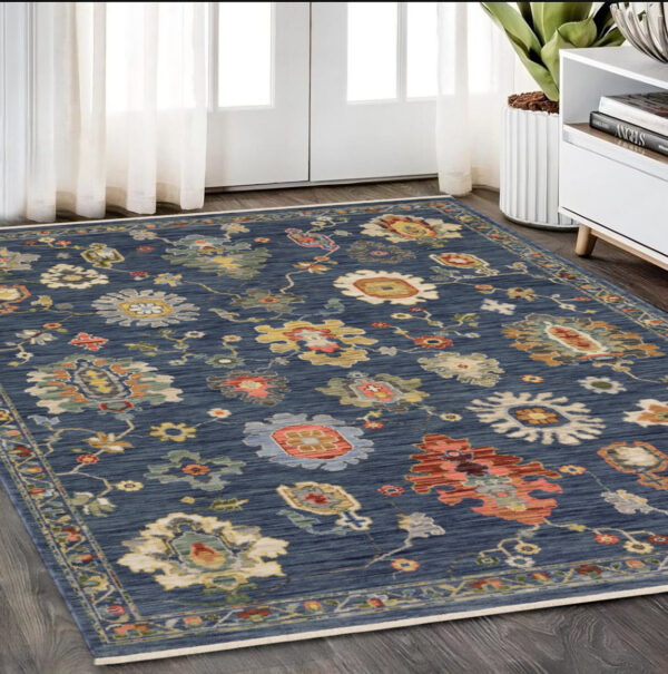 5' X 8' Blue Gray And Red Oriental Area Rug With Fringe