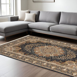 8' X 11' Navy Blue Light Brown And Ivory Medallion Area Rug With Fringe