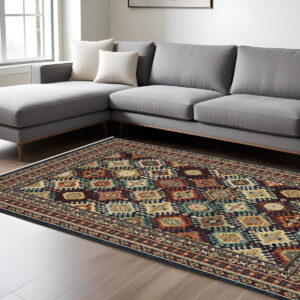 7' X 10' Navy Blue Red And Orange Oriental Area Rug With Fringe