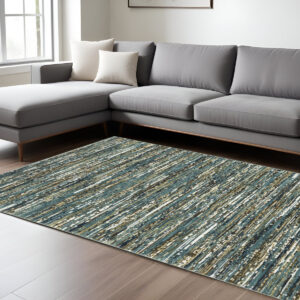 8' X 11' Blue Brown And Ivory Striped Area Rug