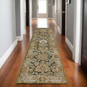 8' Green And Gold Oriental Runner Rug