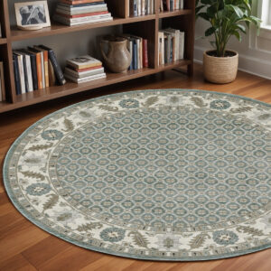 8' Blue And Ivory Oriental Round Rug