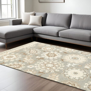 8' X 10' Gray And Sand Wool Floral Hand Tufted Area Rug