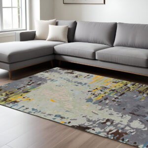 8' X 10' Gray Black And Yellow Abstract Hand Tufted Area Rug
