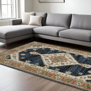 7' X 10' Blue And Orange Medallion Area Rug