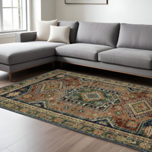 7' X 10' Blue Rust And Gray Tribal Area Rug
