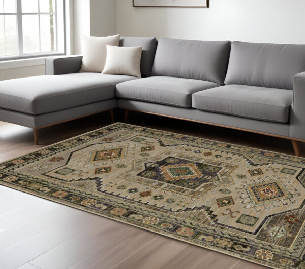 7' X 10' Gray And Green Tribal Area Rug