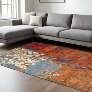 10' X 13' Orange White And Blue Abstract Hand Tufted Area Rug