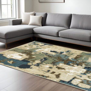 10' X 13' Beige Brown And Blue Abstract Area Rug