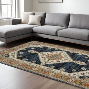 9' X 12' Blue And Orange Medallion Area Rug