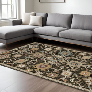 9' X 12' Brown Black And Tan Oriental Area Rug