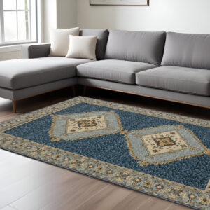 8' X 11' Blue And Gold Medallion Area Rug
