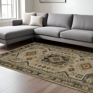 8' X 11' Gray And Green Tribal Area Rug