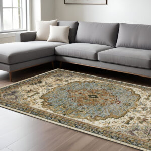 9' X 12' Ivory And Blue Oriental Area Rug