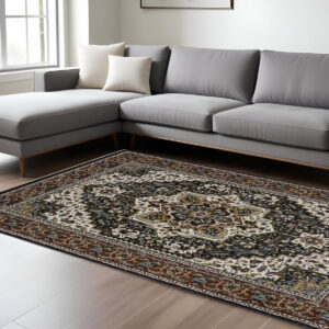 10' X 13' Navy Blue Black And Ivory Medallion Area Rug With Fringe