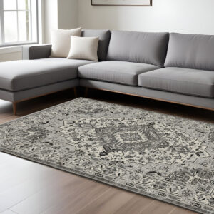 10' X 13' Gray And Ivory Medallion Area Rug With Fringe