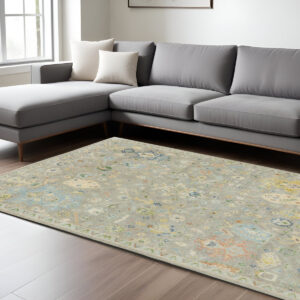 9' X 12' Gray Green And Yellow Wool Oriental Hand Knotted Area Rug With Fringe