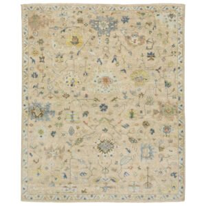 10' X 14' Gray Green And Yellow Wool Oriental Hand Knotted Area Rug With Fringe