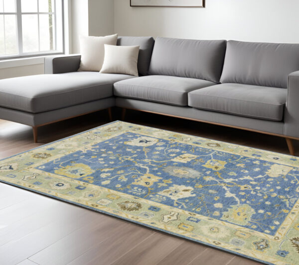 10' X 14' Blue And Green Wool Oriental Hand Knotted Area Rug With Fringe