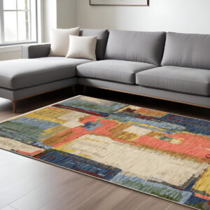 10' X 13' Pink Red And Yellow Abstract Area Rug With Fringe
