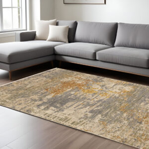 8' X 11' Beige And Gold Abstract Area Rug With Fringe