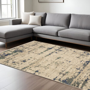 8' X 11' Beige And Green Abstract Area Rug With Fringe
