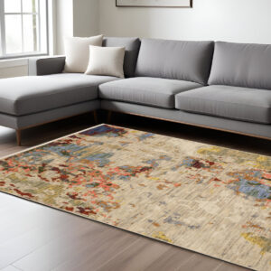 10' X 13' Beige Salmon And Tan Abstract Area Rug With Fringe