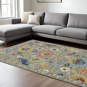8' X 11' Gray Salmon And Yellow Oriental Area Rug With Fringe