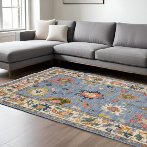 10' X 13' Blue Ivory And Yellow Oriental Area Rug With Fringe