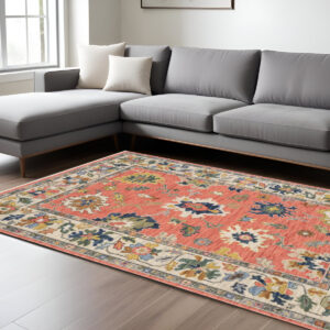 10' X 13' Salmon Blue And Yellow Oriental Area Rug With Fringe