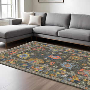 10' X 13' Gray Yellow And Orange Oriental Area Rug With Fringe