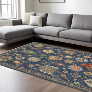 8' X 11' Blue Yellow And Red Oriental Area Rug With Fringe