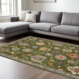 8' X 11' Green Blue And Yellow Oriental Area Rug With Fringe
