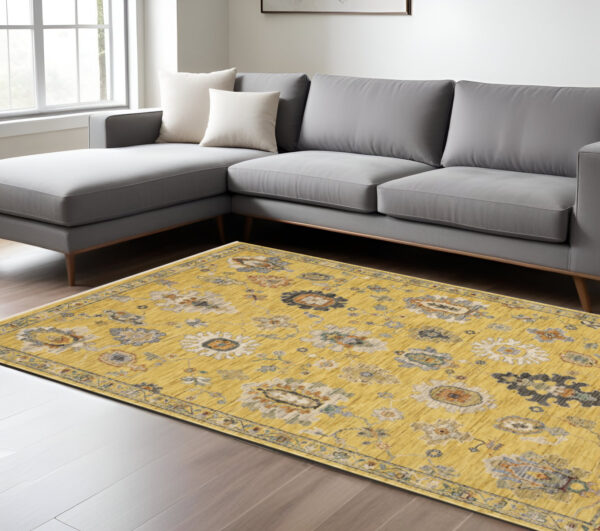 8' X 11' Yellow Gray And Black Oriental Area Rug With Fringe