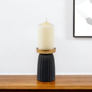 6" Black And Gold Striped Aluminum Tabletop Pillar Candle Holder