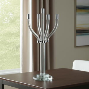 20" Clear And Silver Crystal Tabletop Contempo Candelabra Candle Holder