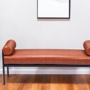 56" Brown Faux Leather Upholstered Bench