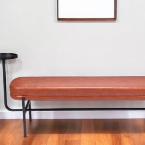 62" Brown Faux Leather Upholstered Bench with Drink Tray