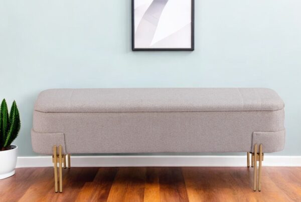 46" Beige and Gold Boucle Upholstered Storage Bench with Flip Top