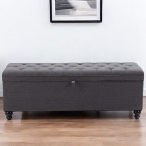 56" Gray and Black Tufted Boucle Upholstered Storage Bench with Flip Top