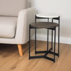 Set of Two Dark Brown and Black Marble Solid Wood and Metal Round Nested Tables