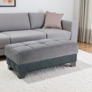 48" Gray and Brown Chenille And Faux Leather Tufted Storage Ottoman