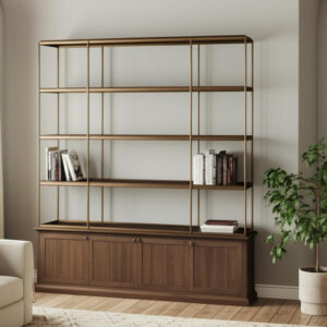 82" Antiqued Brass And Brown Distressed Metal and Solid Wood Four Tier Bookcase with Four Doors