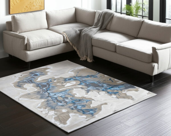 8' X 10' Taupe And Blue Abstract Area Rug