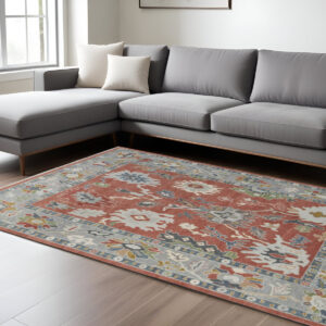 12' X 15' Red Gray And Ivory Floral Hand Knotted Area Rug With Fringe