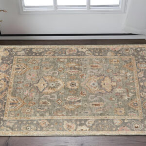 2' X 3' Gray Gold And Pink Oriental Hand Knotted Area Rug With Fringe