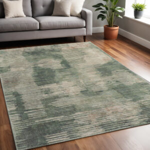 5' X 8' Green Ivory And Brown Abstract Distressed Area Rug